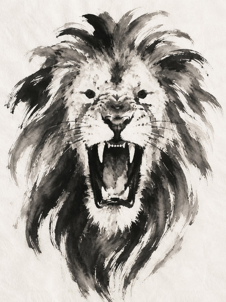 A roaring lion, sumi-e ink wash.