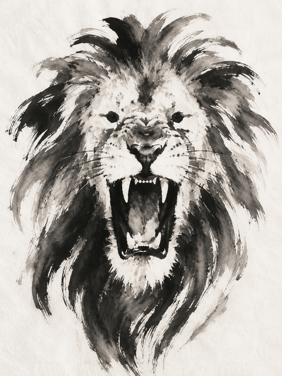 A roaring lion, sumi-e ink wash.